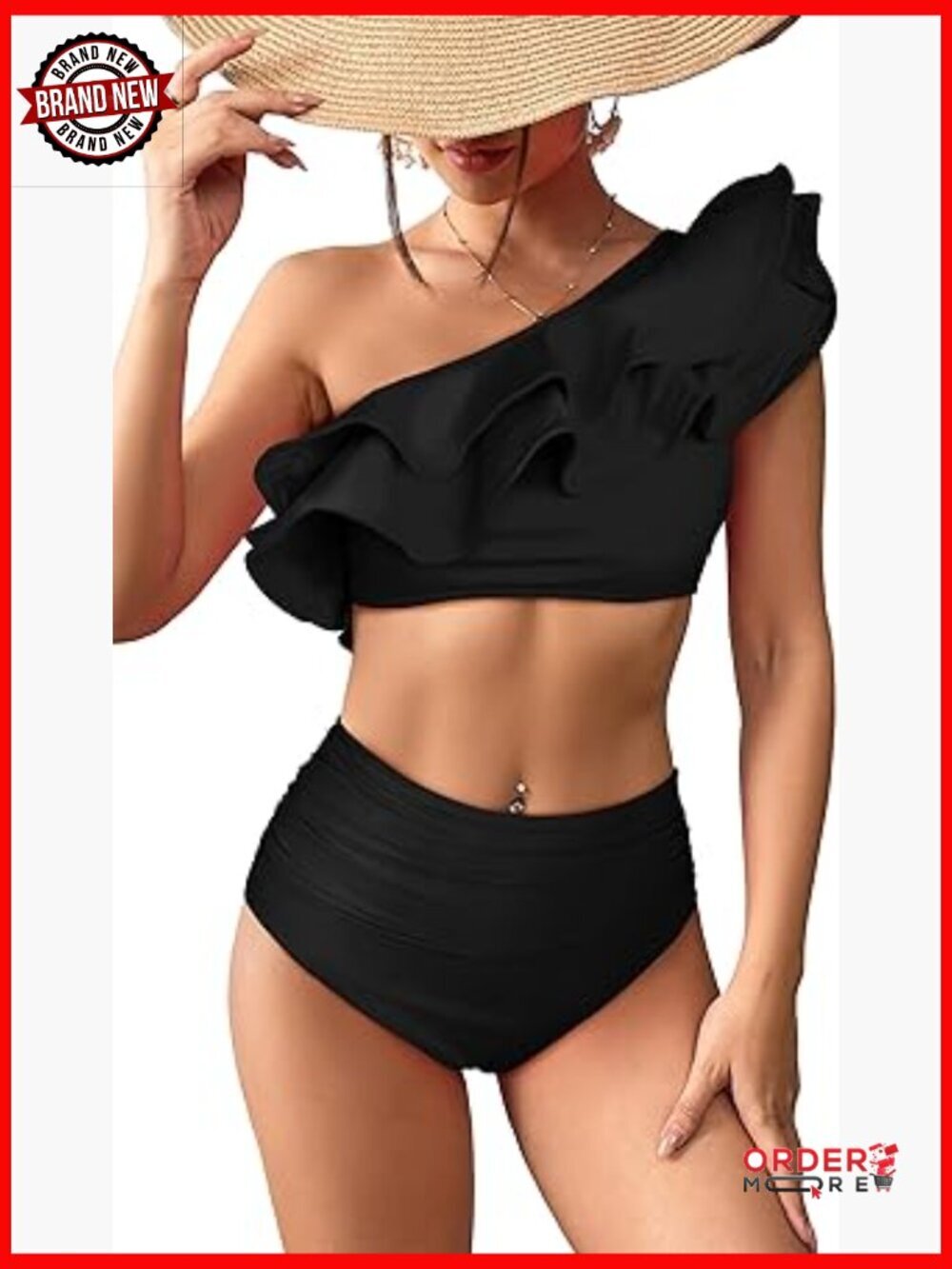 High Waisted Flounce One Shoulder Bikini Set Padded Removable Cups